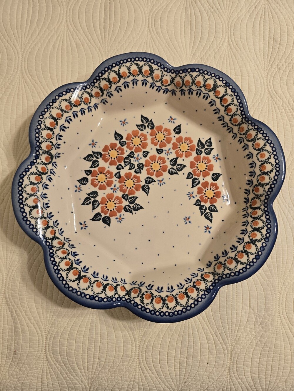 NWOT Polish Pottery Scalloped Serving Bowl Floral Pattern